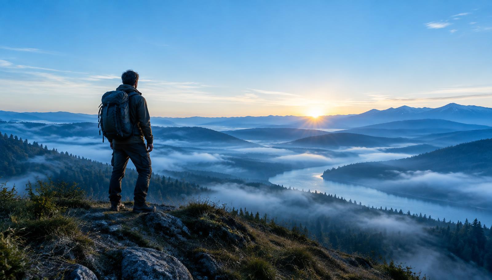 Superviviente mirando un valle al amanecer